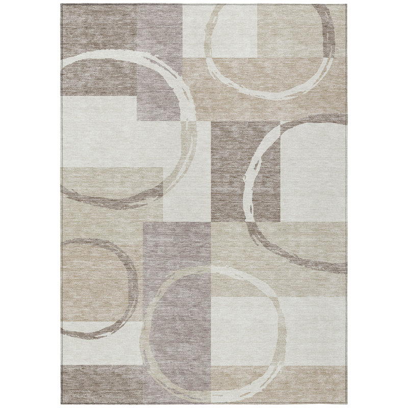 3' X 5' Ivory And Beige Geometric Washable Indoor Outdoor Area Rug