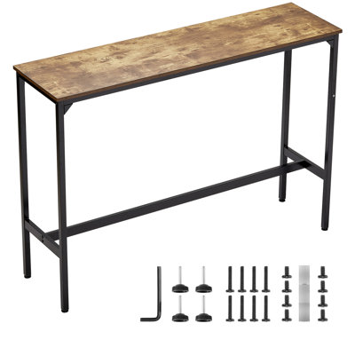 Table haute de bar, style contemporain, structure en métal, plateau en bois de style industriel, stable même sur sol irrégulier, idéale pour un usage intérieur (comptoir-bar), dimensions : 55 x 15 x 39 pouces, design épuré, pour un usage commercial.