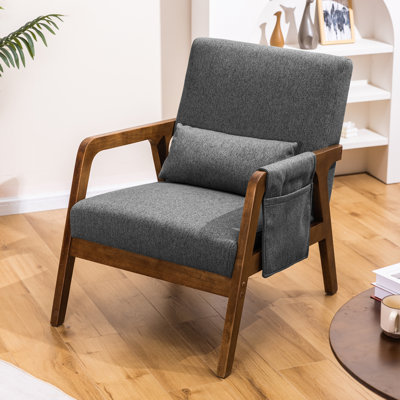 Accent Chairs Set of 2, Mid-Century Modern Chair with Side Pocket, Lounge Armchair with Lumbar Pillow & Solid Wood Frame for Living Room Balcony Bedro by George Oliver