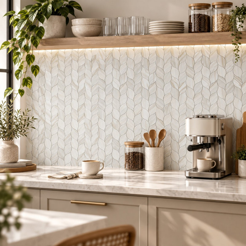 10-Sheet Beige Leaf Peel-and-Stick Backsplash Tile Set