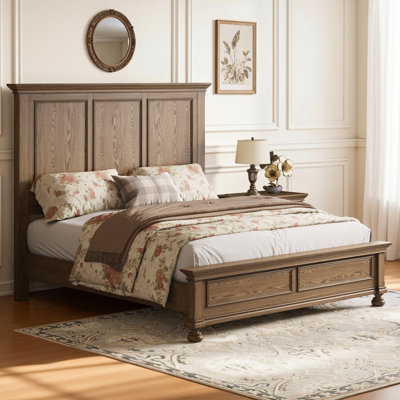 65" H Queen Size Solid Wood Bed With Roman Column Legs, Light Brown