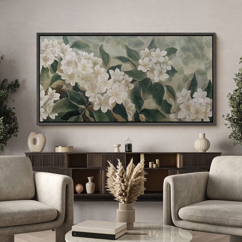Délicates fleurs blanches avec feuillage vert, illustrations rétro, prêt à accrocher, H 30 po x l 60 po