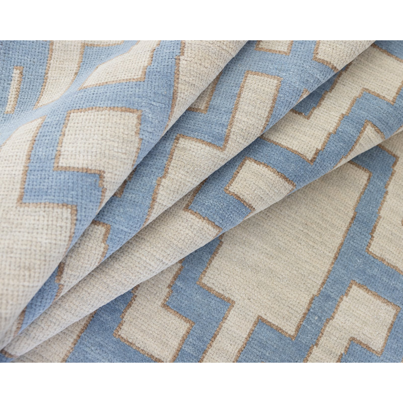 Della Hand Knotted Wool Geometric Area Rug, Runner 3' x 10', Blue