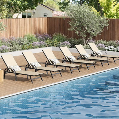 Set of 6 Outdoor Lounge Chairs with 5-Position Adjustable Backrest, PVC-coated polyester Fabric, Metal Frame for Patio, Garden, Poolside, Balcony