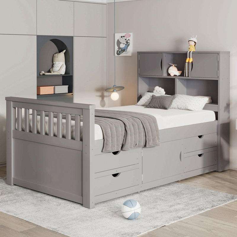 Structure de lit plateforme simple avec bibliothèques et tablettes de rangement, quatre tiroirs, gris, Gris
