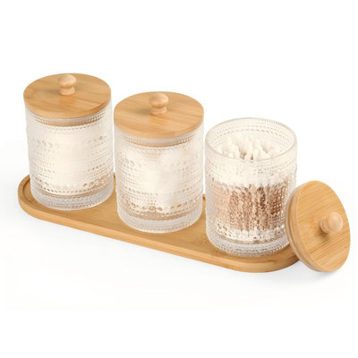 Qtip Holder,Bathroom Organizers And Storage, Cotton Round Pad Holder Floss Pick Cotton Ball Holder With Tray, Glass Apothecary Jars With Lids.(Bamboo Lid Clear Color With Tray/3 Pack)