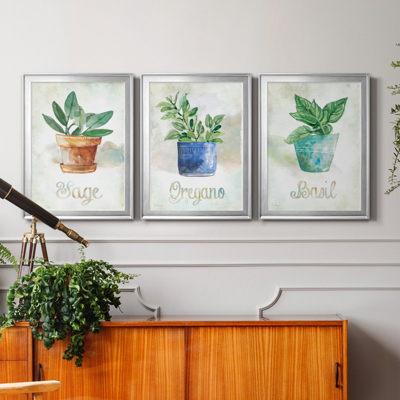 Basilic en pot - ensemble de 3 peintures sur toile encadrées, Toile avec cadre argenté, H 22,5 po x l 91,5 po x P 1,5 po