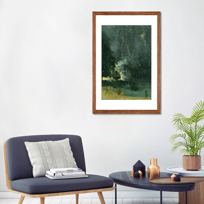 Nocturne en noir et or The Falling Rocket - reproduction d'art murale - papier d'art encadré, 32 po x 24 po, Papier encadré