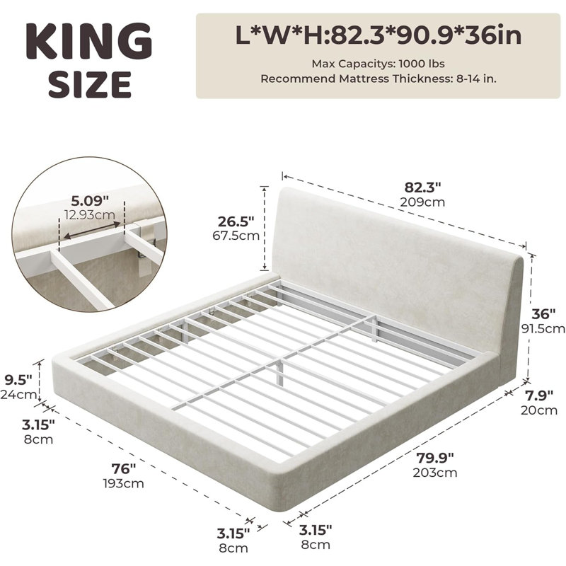  Airframe King Size Bed Frame With Ergonomic Angled Foam Cushioned Headboard, Minimalist Design Platform Bed Frame, No Box Spring Needed, Easy Assembly (Beige)