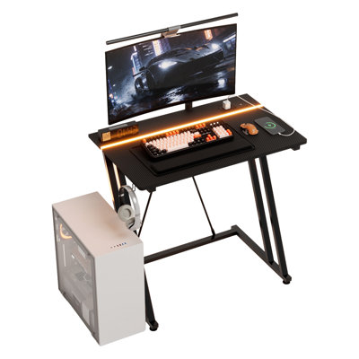 31.5" LED Gaming Desk with Power Outlet, Z-Shaped Computer Desk with Headphone Hook