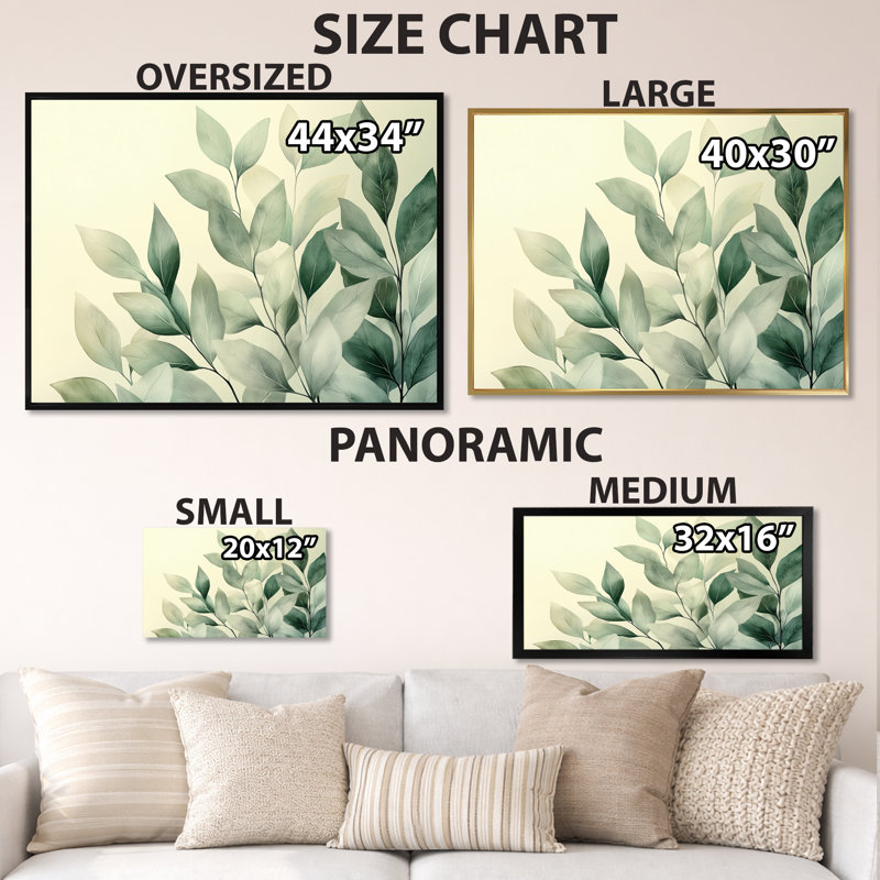 «Soft Sage Leaves V - Green Foliage», art sur toile encadré, H 16 po x l 32 po, Cadre naturel flottant