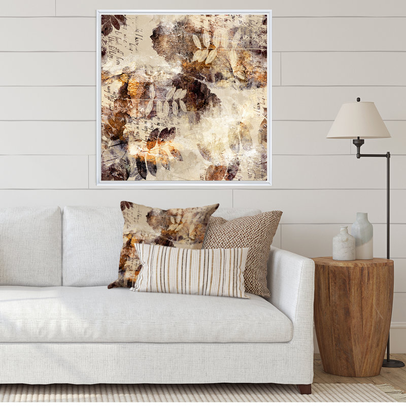 Motif grunge brun, orange et gris - peinture sur toile, H 17 po x l 17 po, Cadre blanc