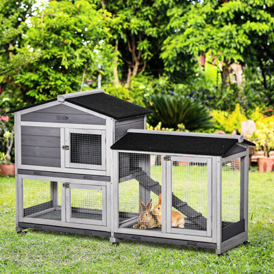 Cage pour animaux 62 "en bois gris avec boîte de course, plateau anti-fuite et option de mobilité - parc portable