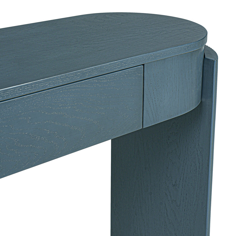 Console en bleu marine avec plateau ovale, grain de bois naturel, conception cannelée, rangement pour petits objets, table d'entrée, look, pieds, 2 tiroirs, finition, intérieurs traditionnels