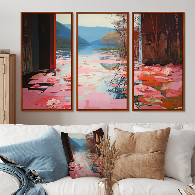 Ensemble de salon mural Serene Pink Lotus Lake - paysage abstrait, H 40 po x l 60 po x P 1 po, Cadre flottant brun