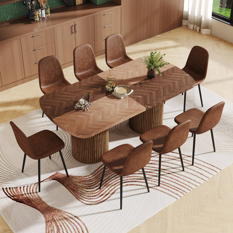 Ensemble de table de salle à manger 79 po, Brun, Bois naturel / bois brun, 9 pièces : table, 8 chaises