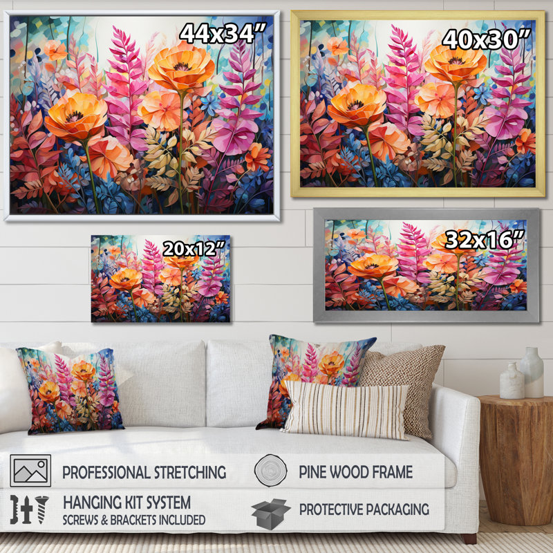 Collage de fougères multicolores - impression, Cadre simple blanc, H 30 po x l 40 po x P 1,5 po