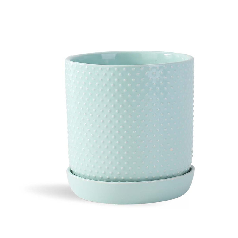 Pot cylindrique à pois avec soucoupe intégrée, pot moyen en céramique émaillée (lot de 4) - Jayce Outdoor, Vert pastel