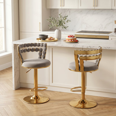 Modern Glam Velvet Adjustable Swivel Bar Stools with Gold Base（Set of 2）