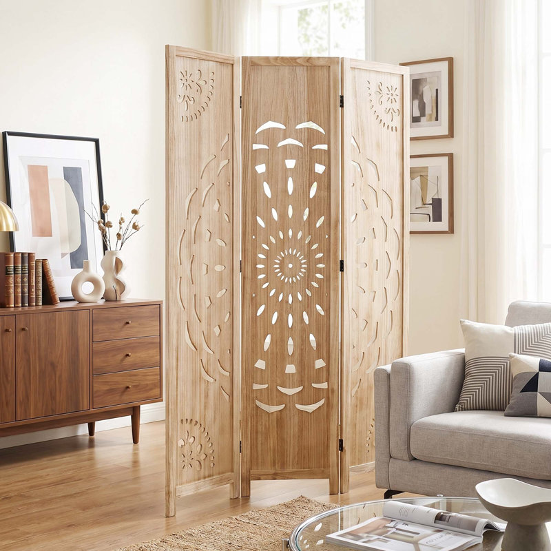Paravent 6 panneaux pliant avec motif pivoine, finition bois clair, 3, Bois