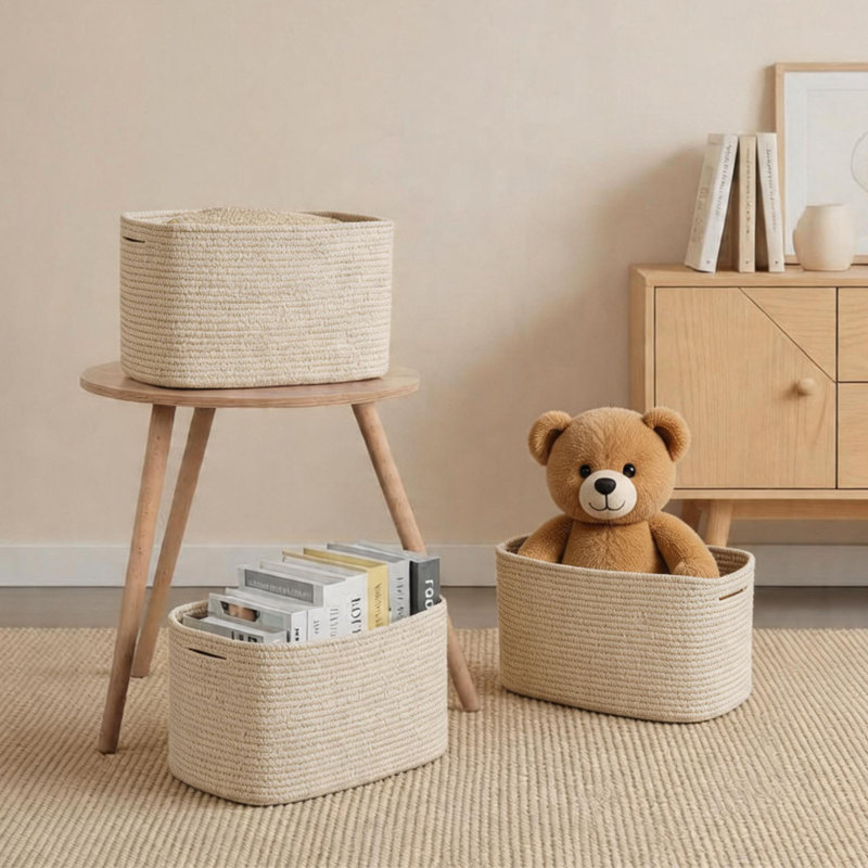 Ensemble de paniers de rangement en corde de coton 3 pièces, bacs rectangulaires tissés avec poignées, Beige