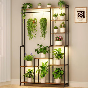 Présentoir à fleurs carré de 71 pouces de hauteur, grande plante en métal robuste à 8 niveaux pour l'intérieur avec jardin, balcon, patio, salon, noyer et noir