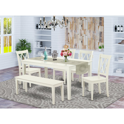 L'ensemble de table de cuisine 6 pièces contient une table de salle à manger rectangulaire et 4 chaises avec banc, lin blanc