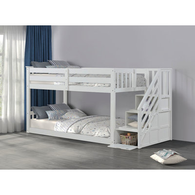 Transitional Style Twin Over Twin Low Bunk Bed Reversible Storage Drawers Staircase White Finish Mattress Ready Bedroom Furniture