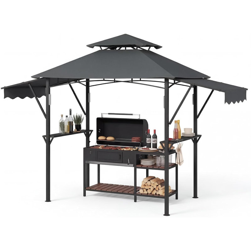 8x5 ft Grill Gazebo with Adjustable Dual Side Awnings, 2-Tier BBQ Gazebo Grill Shelter with 2 Handy Shelves, Hooks, 4 LED Lights & Ceiling Hook, Steel Frame BBQ Canopy for Backyard Garden, Claret