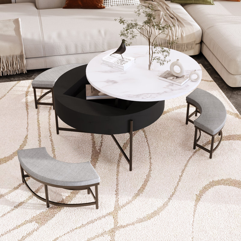 Table basse moderne à plateau relevable avec rangement et 3 repose-pieds gigognes blancs et noirs, Noir / blanc, Noir