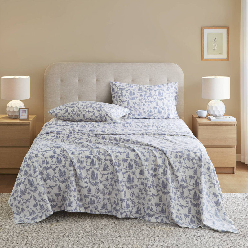 Cozy Cotton Flannel Toile pine trees 100% Cotton Flannel Printed 4-Piece Cal King Sheet Set, Toile Pine Trees