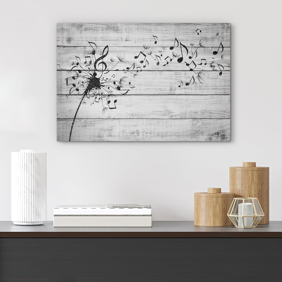 Gray Wood Effect Panel Music Note Dandelion Floral Botanical Modern Large Canvas Print Wall Art IDEA4WALL 