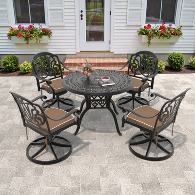 cast aluminum set - round table & swivel chairs, all-weather patio design in black frame