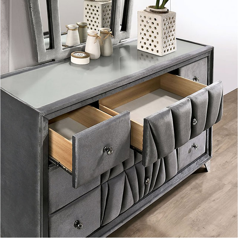 Commode 9 tiroirs Geziena, gris
