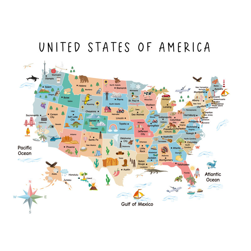 Charmante carte illustrée USA sur toile tendue, H 24 po x l 36 po