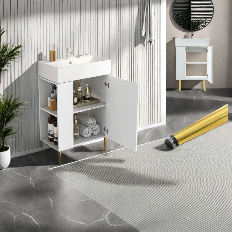 Meuble-lavabo moderne blanc avec lavabo en céramique, solution de rangement compacte