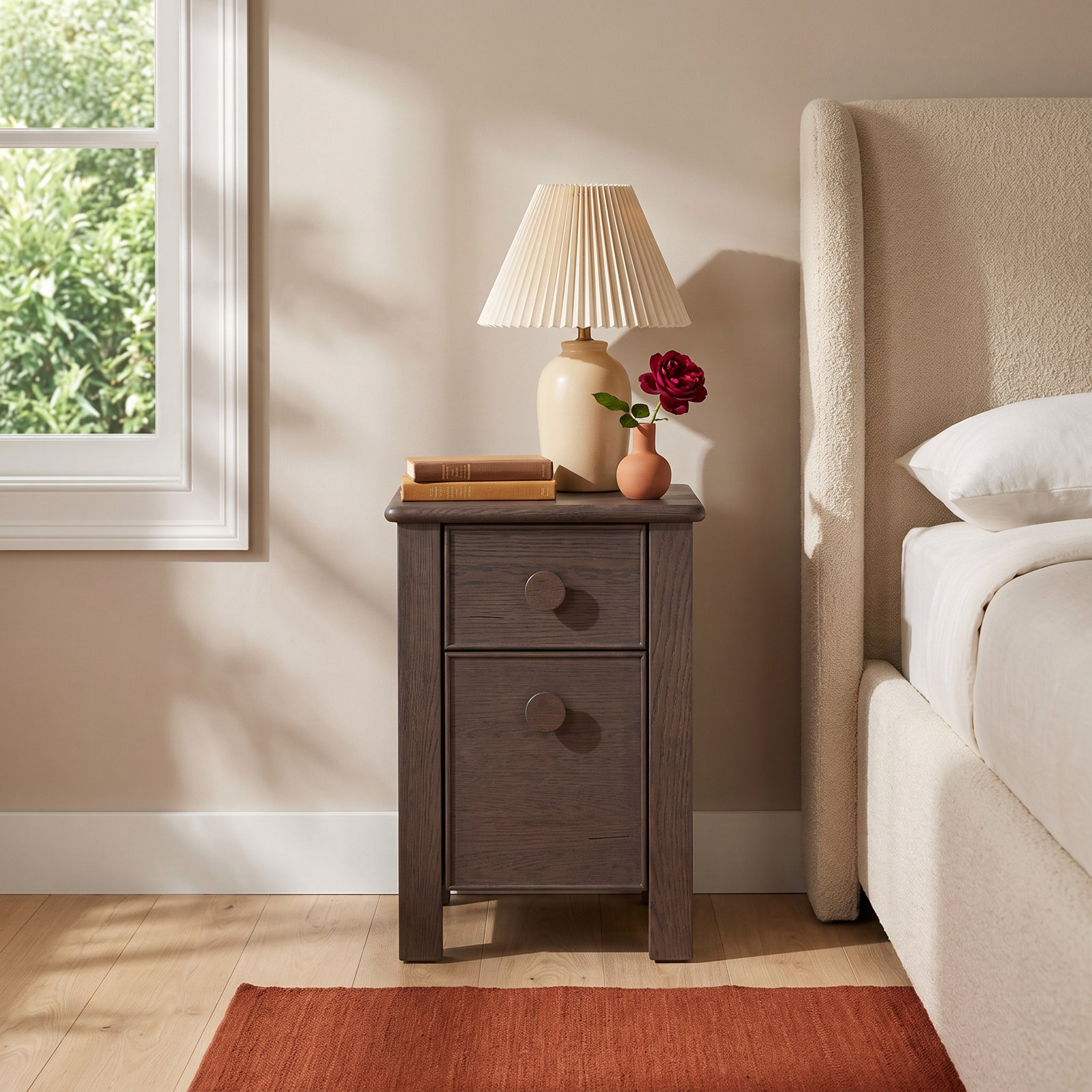 Small Oak Nightstand, Dark Brown