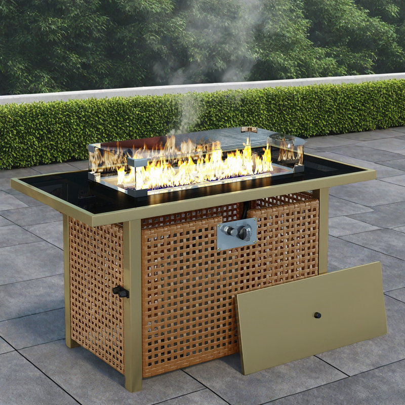 Propane Gas Fire Pit Table With Glass Wind Guard And An Open Basket-wave Patterned Wicker, Orange Yellow