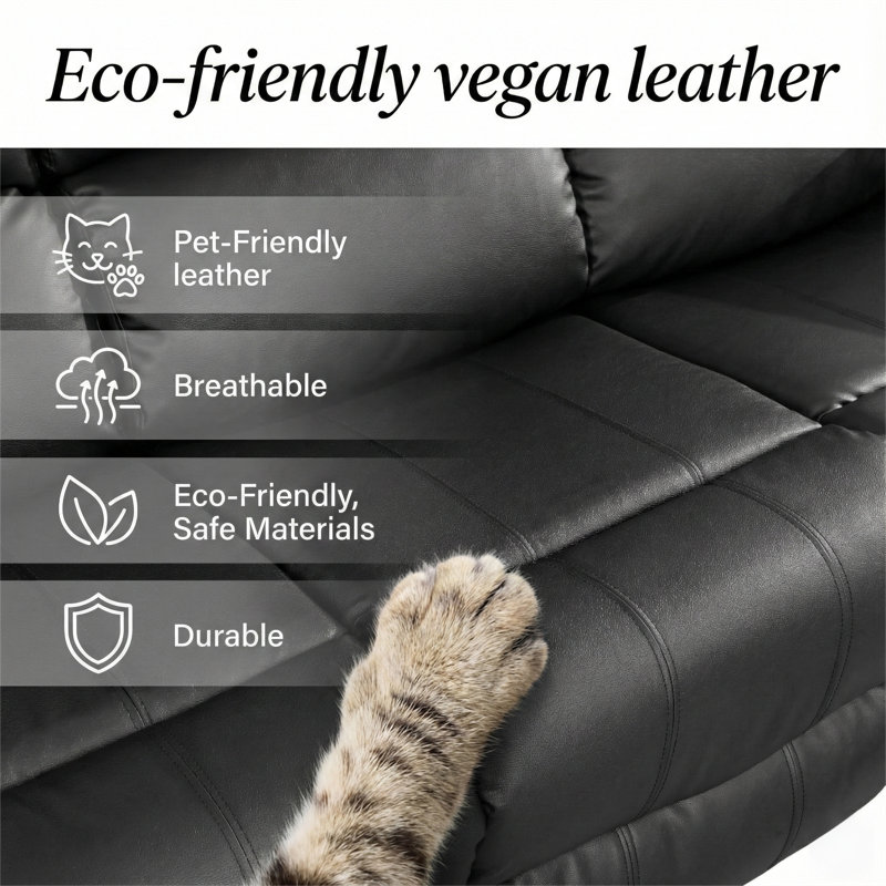 Ensemble de canapé inclinable manuel moderne en cuir Vegan, Black Leather