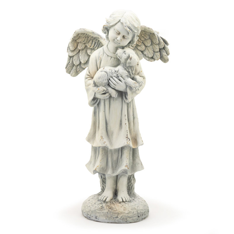 Statue d'enfant enfant ange tenant un chiot Magensium, Blanc antique