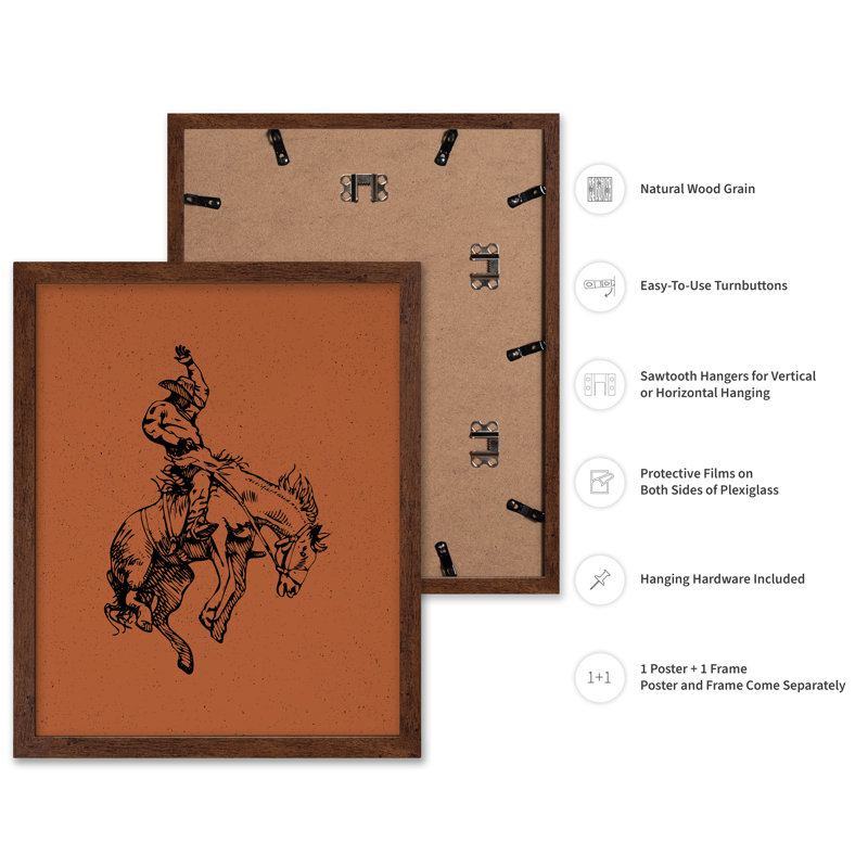 Cheval de cowboy brun, 24"H x 32"W, Poster, Brown Framed