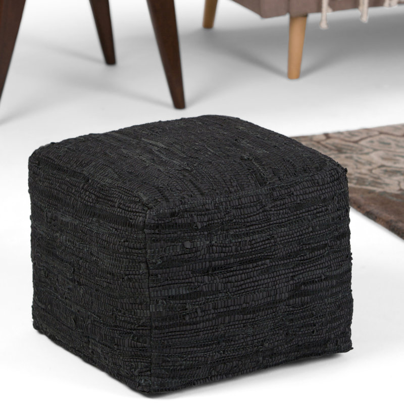 Fredrik 18"W Genuine Buffalo Leather Square Pouf, Black Genuine Leather