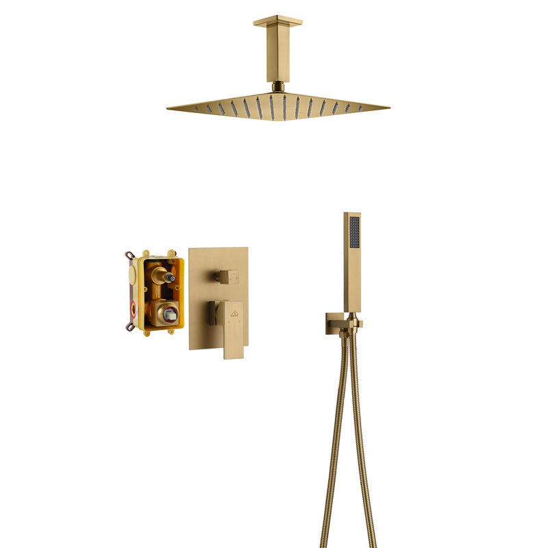 Brushed Gold Large Square Dual Rain Shower System with Handheld