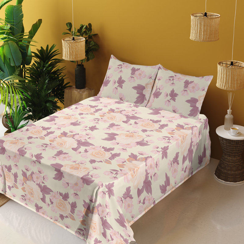 Ambesonne Watercolor Botany Sheet Set 4 Pcs Retro Boho Bloom, California King Sheet Set with 2 Pillowcases