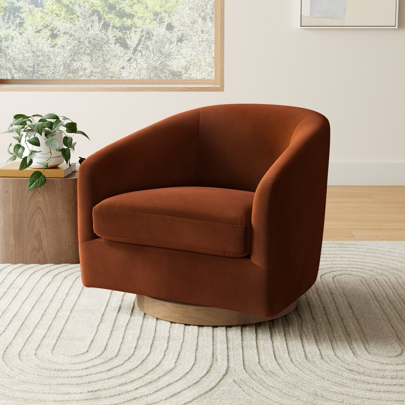 Bennett Linen Swivel Barrel Chair, Bella Burnt Orange Performance Velvet