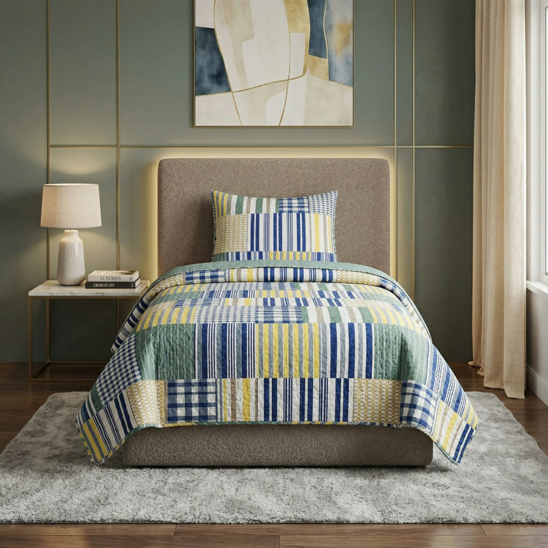 Ensemble de courtepointe avec taie décorative - Patchwork classique avec couvre-oreiller - Literie légère lavable à la machine