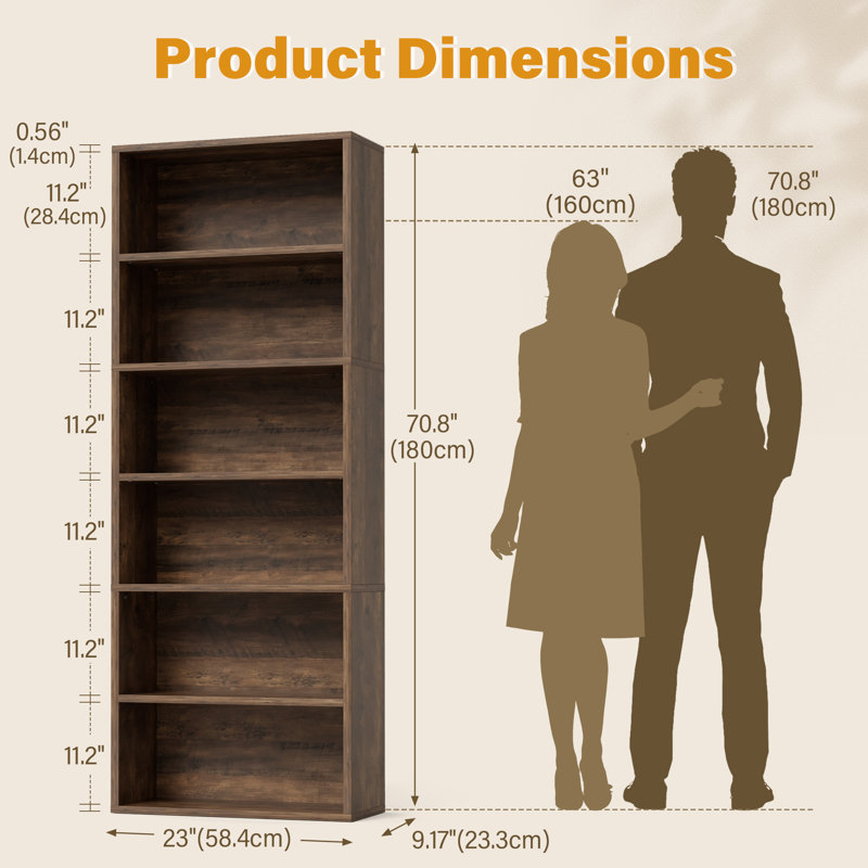 6-Shelf Corner Bookcase,Sturdy Red Storage for Home Office,Living Room, Brown
