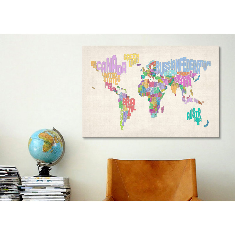 « typographie text world map » par michael thompsett, impression sur toile tendue, H 26 po x l 40 po x P 1,5 po, Pas de tapis