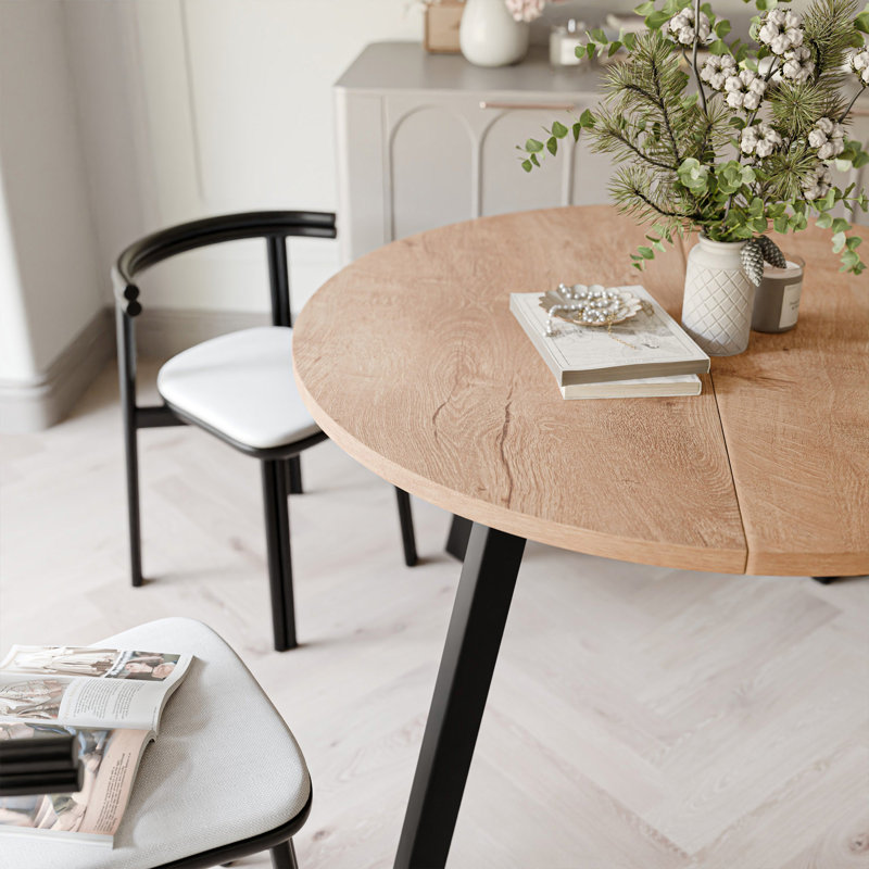 Extendable Round Dining Table, Black, Oak Lefkas