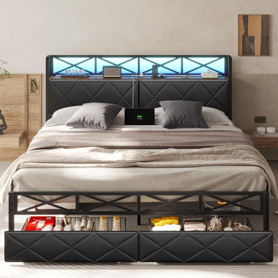 California King Bed Frame With Hidden Storage And 2 Drawers Metal Cal King Size Platform Bed With Led Lights And Charging Station Led Bed With Upholstered Headboard,no Box Spring Needed,black